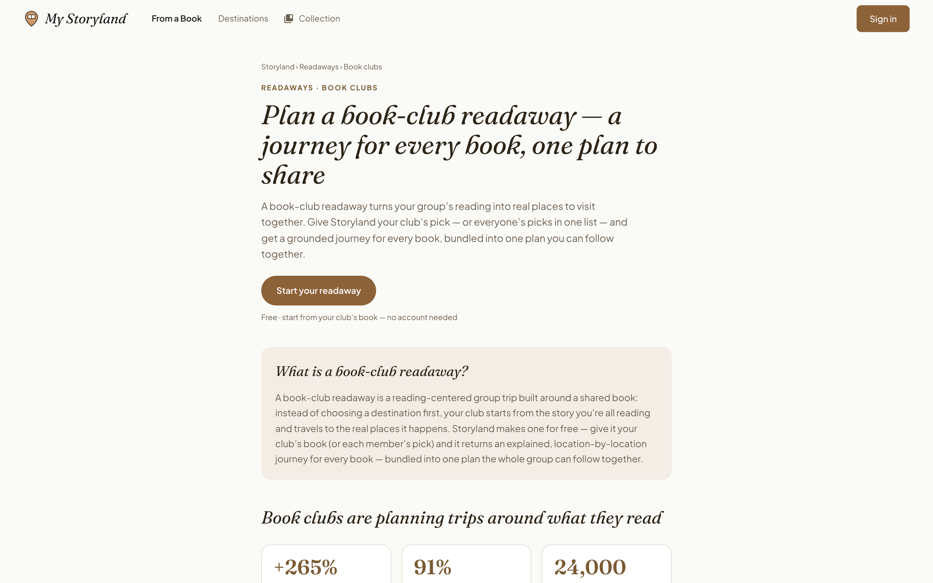 The live /readaway/book-club landing page — a real page with a FAQ, built for planning a trip around a whole reading list.