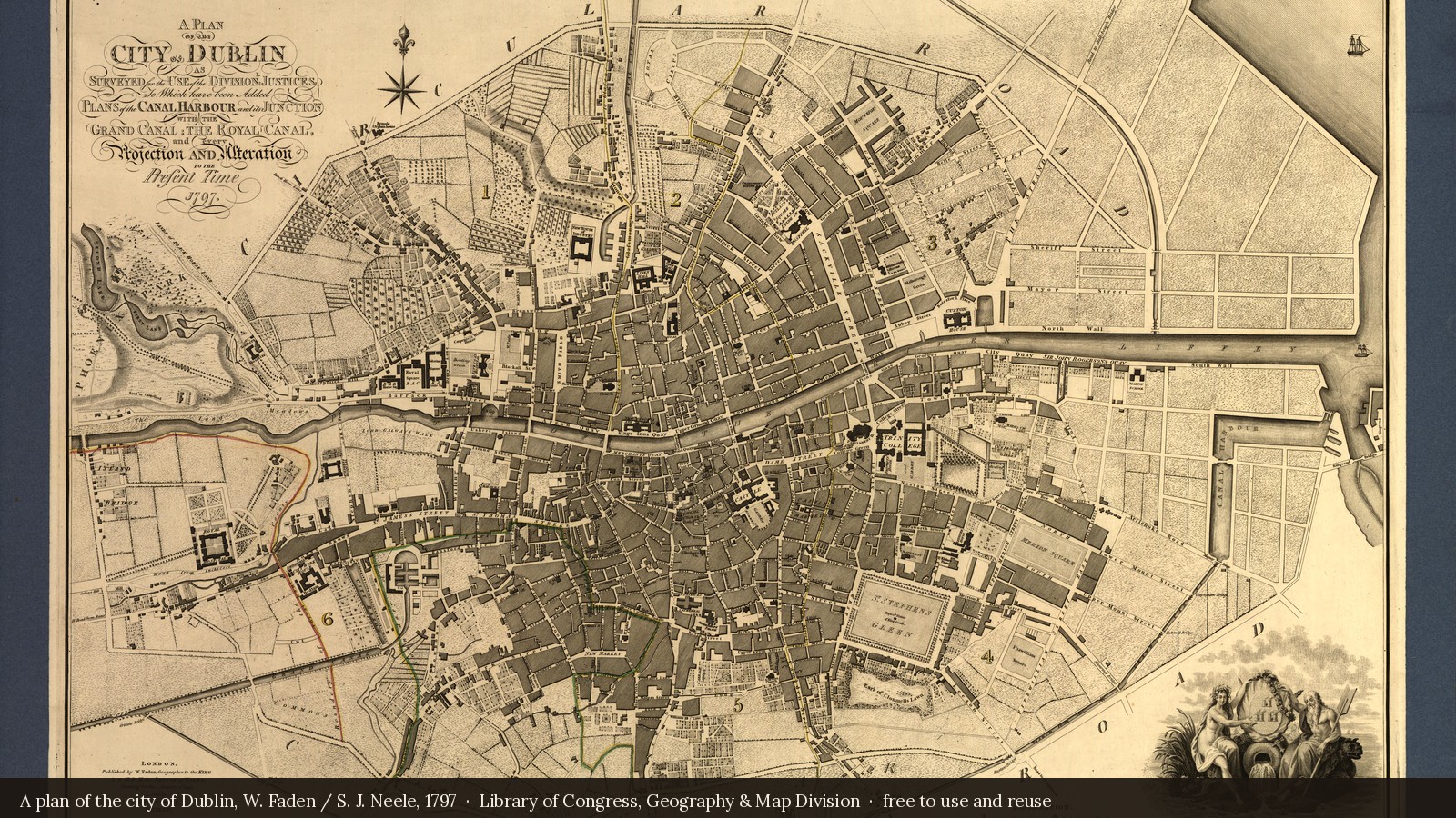 A 1797 engraved plan of the city of Dublin by W. Faden and S. J. Neele, showing the streets, squares and quays along the Liffey.