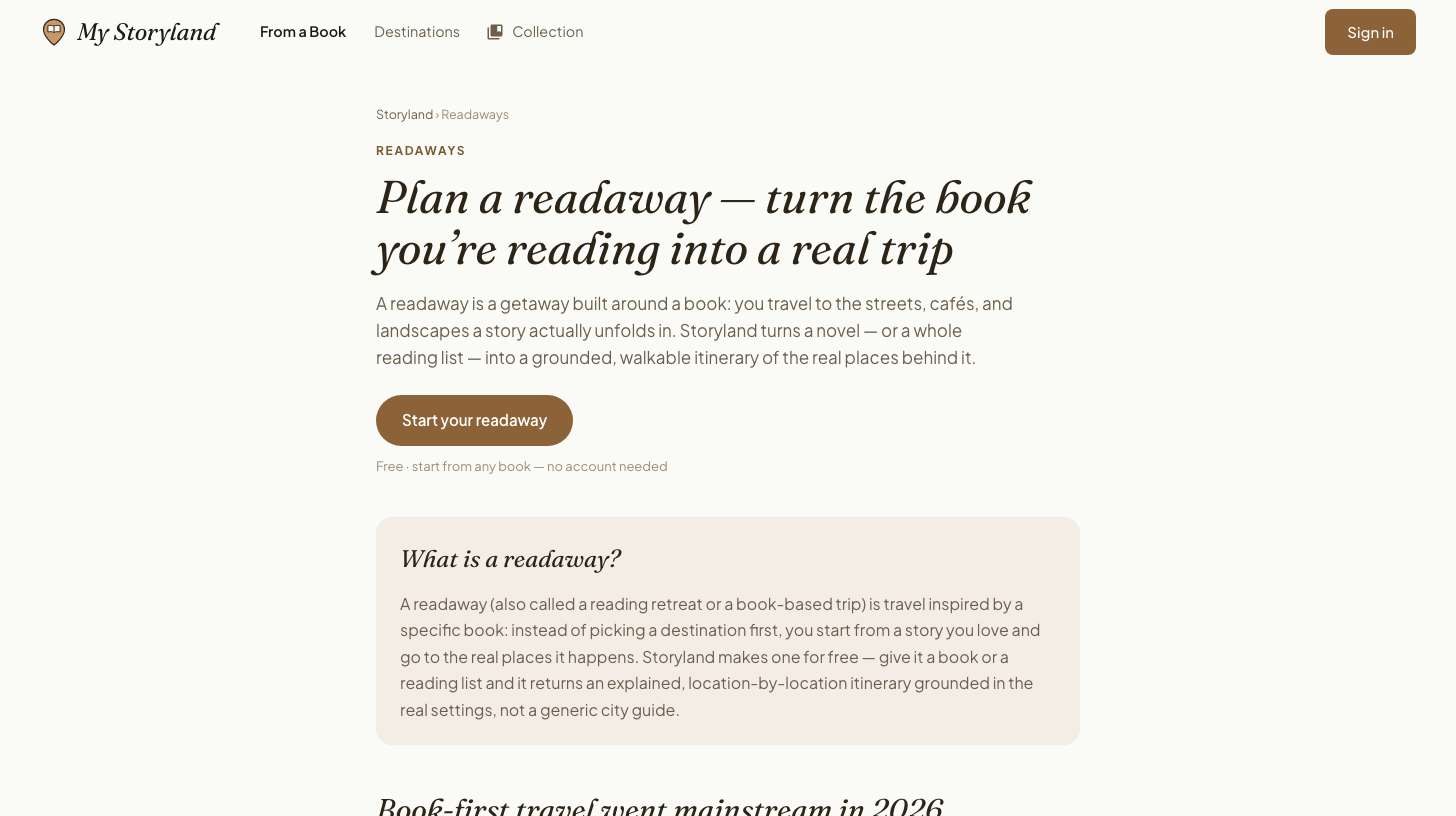 The My Storyland Readaway landing page — a book-first door into a grounded literary-travel itinerary.