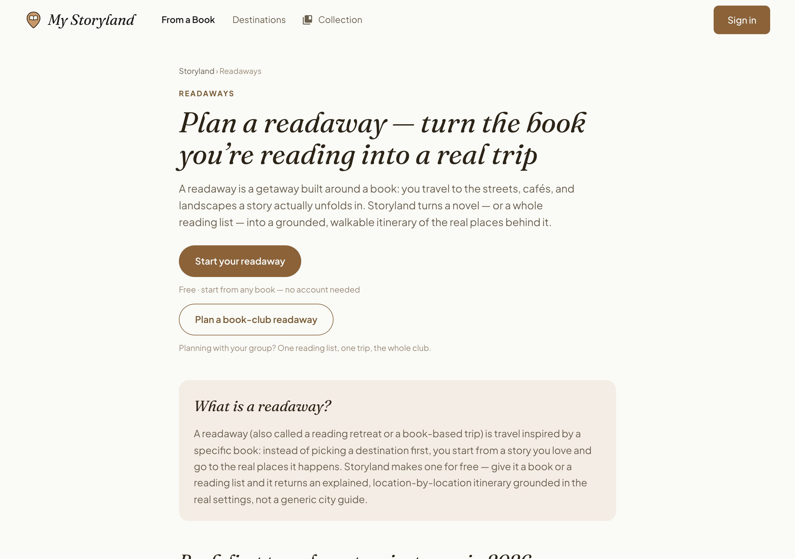 The live /readaway landing page — nav reads From a Book, Destinations, Collection; the retired standalone Readaways nav item is gone.